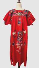 Vtg Mexican Hand Embroidered Floral Dress Red Cotton Boho Folk Artisan Puebla OS