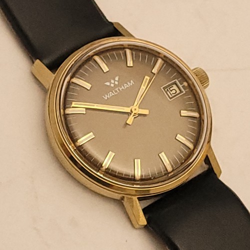 ST8: STUNNING VINTAGE '60s GOLD WALTHAM MENS ROOTBEER BROWN DATE DIAL 33mm WATCH