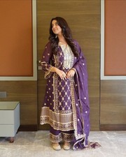 New Latest Heavy Pure Chinon Purple Top Palazzo With Dupatta For Indian Wedding