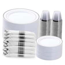 350PCS Plastic Dinnerware Set, Disposable Party Plates for 50 Guests Silver