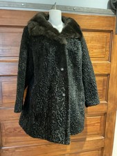 Vintage 50's 60's Black Persian Lamb Faux Fur Swing Mod Coat sz M L
