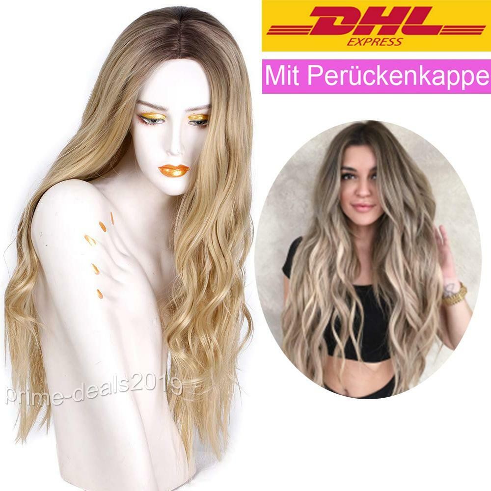 Damen Perücken Lang Blond Langhaarperücke Wig gerade wie Echthaar Perücke Ombre