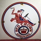 VINTAGE 1934 DATED RED CROWN COUPLE GASOLINE PORCELAIN GAS PUMP ADVERTISING SIGN