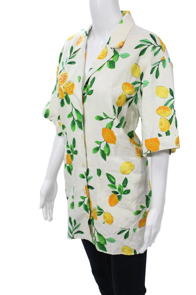 Túnica Zara Feminina Botão-Up Linho Branco-Algodão Manga Curta Gráfico Tamanho M - Imagem 2 de 4