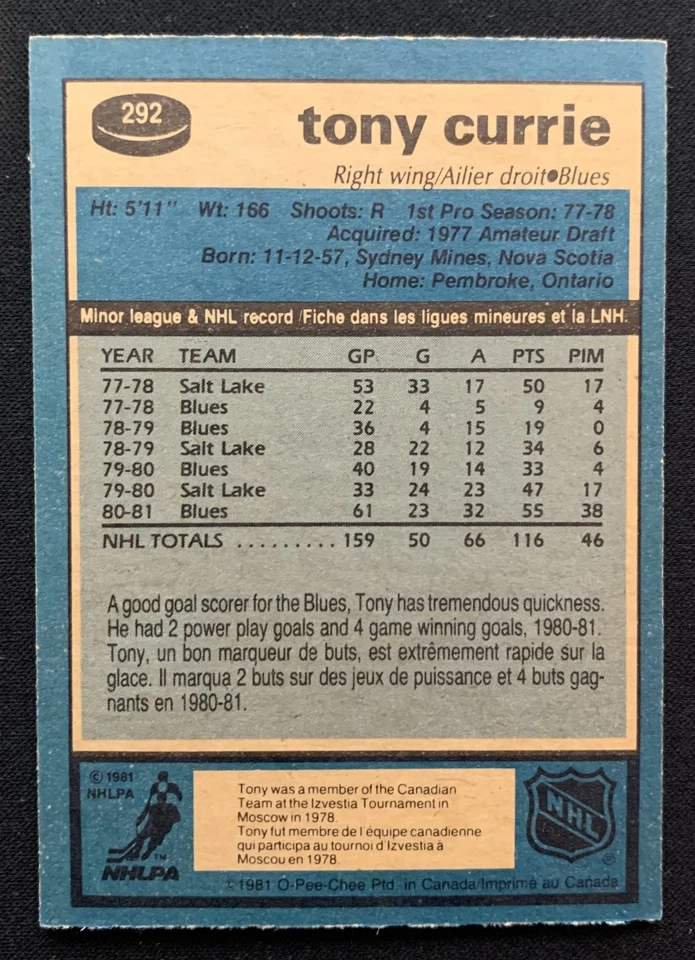 1981-82 O-Pee-Chee #292 Tony Currie Blues - Image 2 of 2