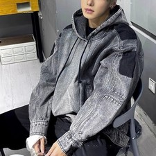 Men's Vintage Washed Denim Hoodie Spliced Patchwork Streetwear Pullover Jacket