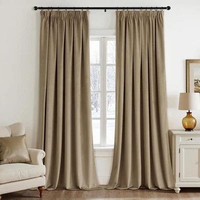 Rideau Velours Beige Foncé Occultant Thermique Cordon 2x140x245cm - Photo 1/4