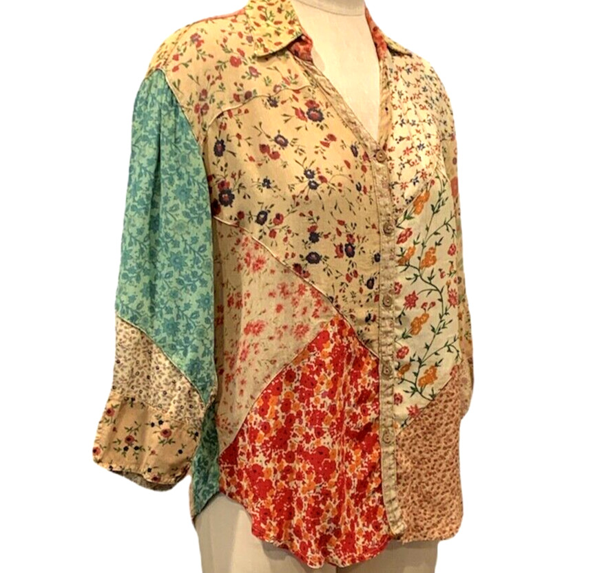 Sacred Threads Floral Patchwork Button Down Shirt… - image 5