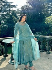 Elegant Look Sky Blue Vichitra Silk Salwar Kameez With Tissue Dupatta For Women