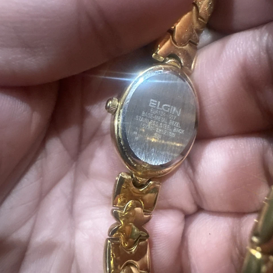 Elgin Women Oval Gold Crystals MOP Dainty Watch 18mm Fit 8in For Repair Nt Workn - Image 3 of 4