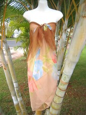 Sheer Sarong Brown W/ Pink Blue Florals Beach Bikini Cover-up Wrap Skirt Dress