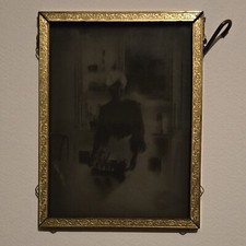 VTG Antique Glass Negative Plate In Metal Frame Photograph Of Woman In Home