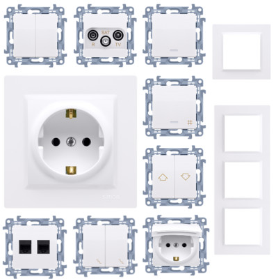 Kontakt Simon Schalter Schuko Steckdose Rahmen Taster R SAT TV RJ45 WEIß mit LED
