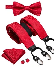 Paisley Solid Suspender Bow Tie Set Men Pre-tied Handkerchief Cufflinks Wedding