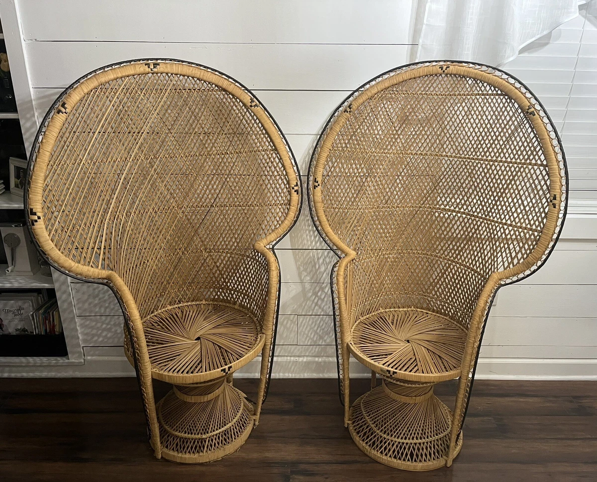 Set Of 2 Large Vintage Peacock Wicker Fan Chair Rattan Bamboo Mid