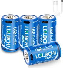 Rechargeable Lithium C Batteries 4 Pack with 4-In-1 Charging Cable - 4100Mwh 1.5