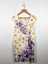 Rebekah Maysles Anthropologie Dress Size 6 White Ruched Occasion Arty Floral