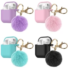 For Apple AirPods 1/2/3 Cute Silicone Case Charging Cover with Keychain Fur Ball