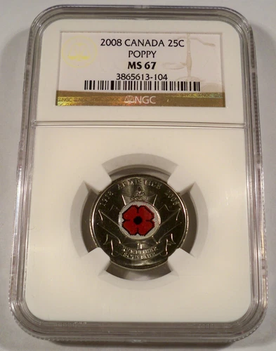 2008 CANADA 25c POPPY COLORIZED NGC MS67 QUARTER 1918 ARMISTICE 2008