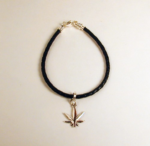 Sterling Silver & Leather Braided Marijuana Leaf Bracelet Free U.S. Shipping - Picture 2 of 2
