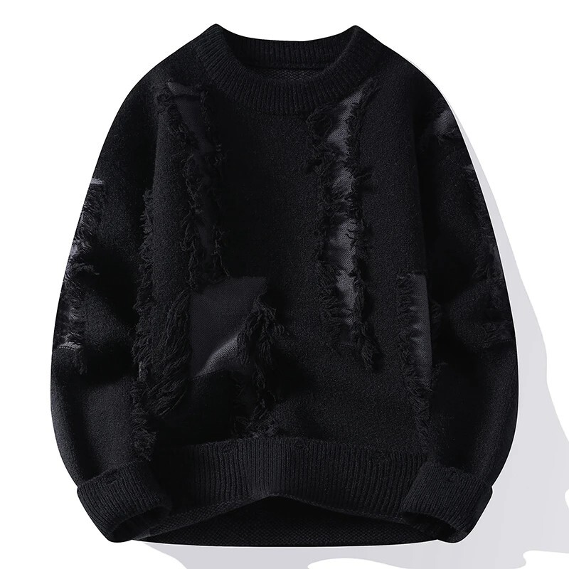 Men's Ripped Crew Neck Knit Sweater Loose Fit Stylish Autumn
