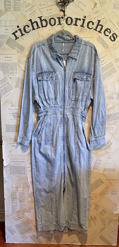 Free People Sundown Midi Maxi Dress Denim Soft Zipper Up Utility Sky Light L NWT - Picture 4 of 6