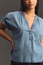 The Tatum Flutter-Sleeve Blouse by Pilcro Poplin Edition Anthropologie Top XL