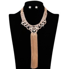 Fashion Crystal Jewelry Sets Long Tassel Pendant Necklace Chokers Earrings Set