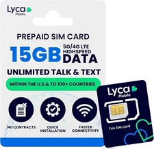 Lycamobile Prepaid SIM Card 15GB W/  10GB Hotspot Unlimited Intl Talk/Text 5G/4G