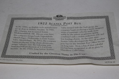 MATCHBOX COLLECTIBLES YET04-M 1922 SCANIA POST BUS STOCKHOLM, SWEDEN, Boxed - Picture 11 of 12