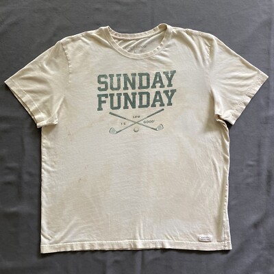 Life Is Good T Shirt Mens Large Beige Acid Wash Dye Sunday Funday Golf Theme