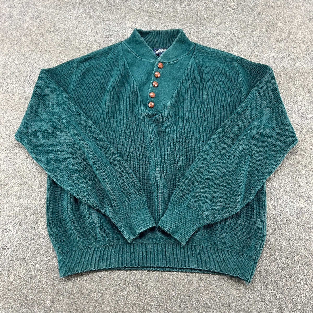 VINTAGE Lands End Sweater Mens L Forest Green Pullover Knit Cotton