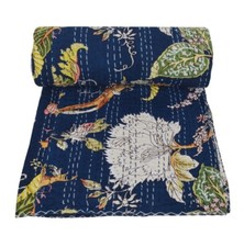 Handmade Kantha Floral Print Kantha Quilt Pink Twin Throw Bedding Blanket Quilt