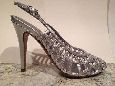 Sergio Rossi Sandals Pumps Slingback Heel Leather Cage Silver 37.5