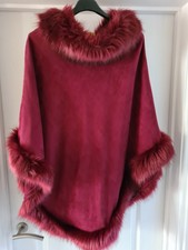 Jayley Wine Red Faux Fur Poncho, One Size
