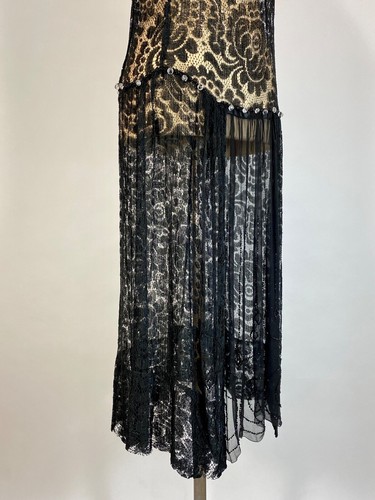 Antique 1920's black semi-sheer lace drop waist dress w/ beaded sk panel size XS - Picture 20 of 21