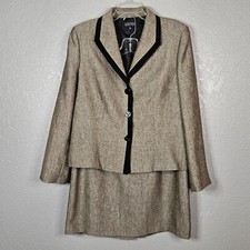 Kasper Jacket Skirt Suit Size 14 Tan w/ Black Trim Lined Excellent Condition