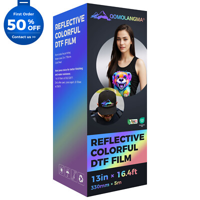 QOMOLANGMA 13in x 16.4ft Reflective DTF Film Roll, DTF Transfer Film Cold Peel