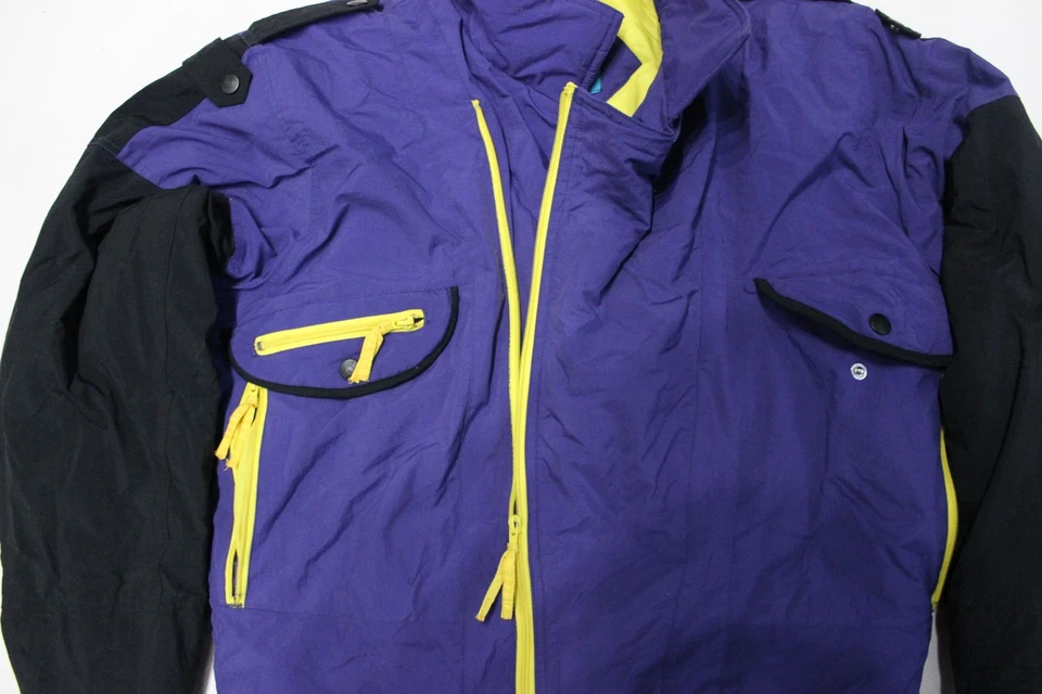 Chaqueta de esquí vintage Sasson para hombre talla XL púrpura concha amarillo forro capucha cremallera Foto 2 de 4