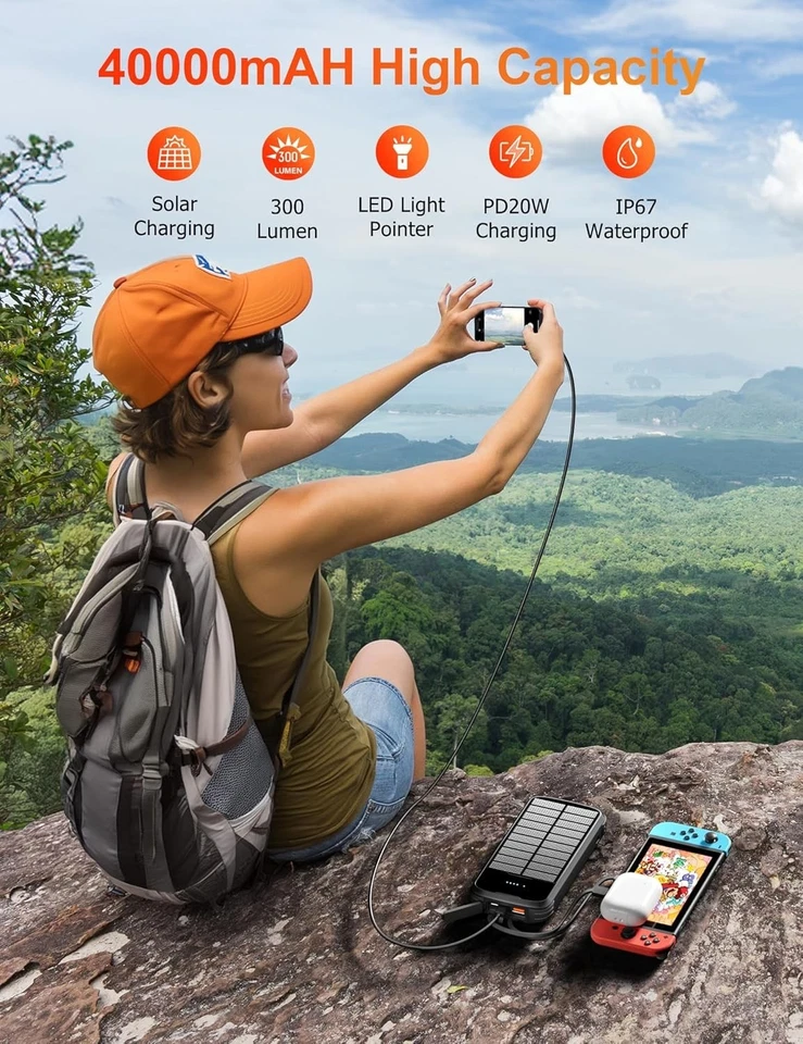 Solar Charger Power Bank, 40000mAh Portable Charger PD 20W Fast Charging Sola... - Image 3 of 4