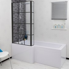 Bathroom L Shaped Bath Black Grid Shower Screen LH Front Panel White 1700mm