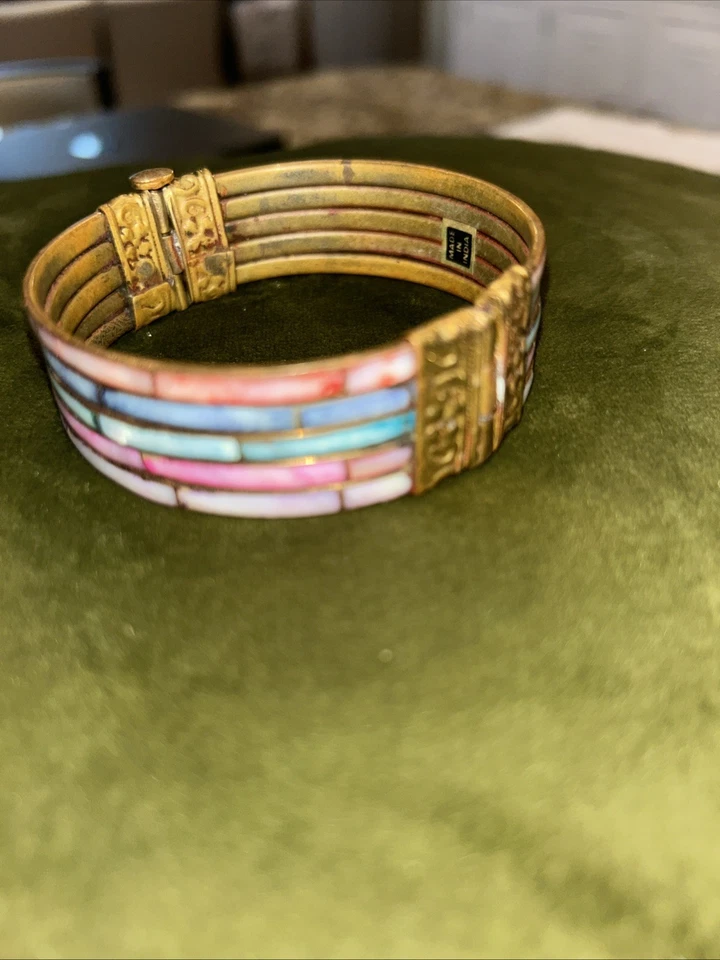 Vintage Bangle Brass Metal & Abalone Mother Of Pearl Hinged Pin hippie MCM fun - Image 4 of 4