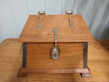 Vintage Oak Wooden Tea Caddy Box with Cuttlery Hinges Hinged Lid
