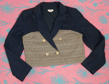 Jason wu womens medium linen blazer cropped blue brown houndstooth double Breast