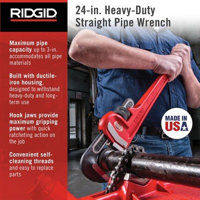 RIDGID 31030 Heavy-Duty Straight Pipe Wrench, 24'' Sturdy Plumbing Wrench with S