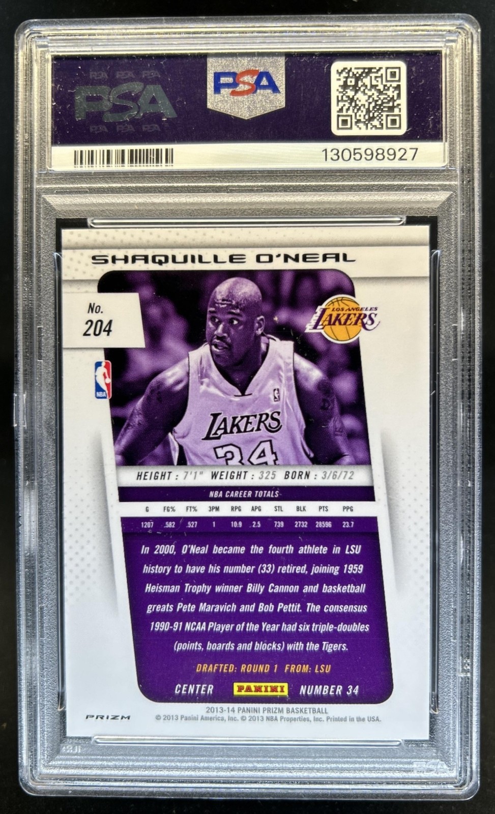 2013-14 Panini Prizm Shaquille O'Neal Prizm #204 Lakers PSA 10 GEM MINT view 2