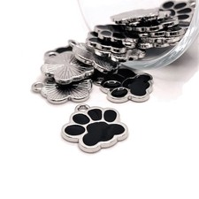 Black Enamel and Silver Dog / Cat Paw Print Charms, 17x16mm - US Seller