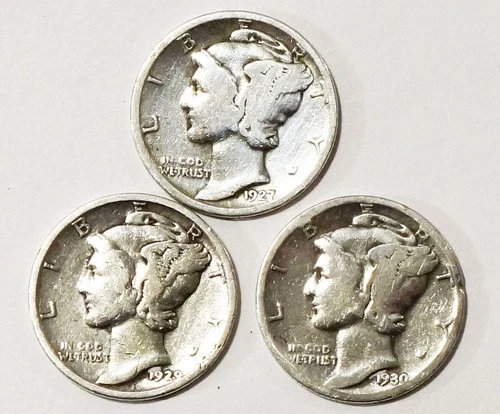 3 Mercury Head Dimes 1927, 1929 & 1930, Fine/Very Fine, 90% Silver, Free Ship