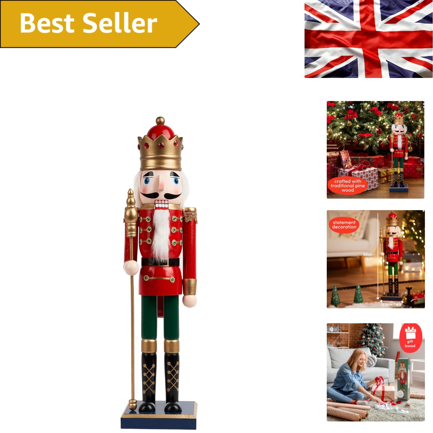 Großer 20" Nussknacker Soldat - bewegliche Teile, umweltfreundliche Weihnachtsdekoration