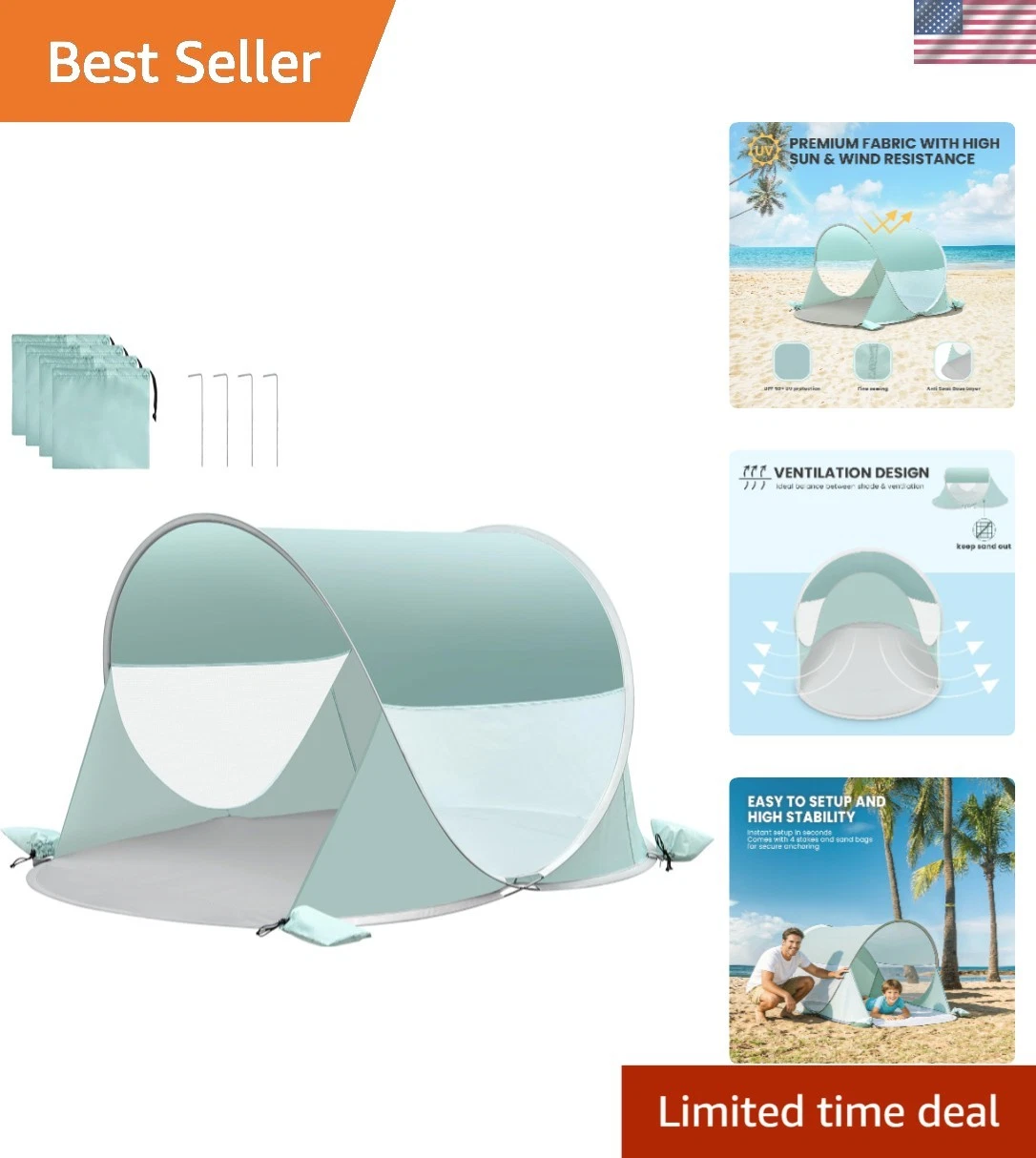 Luxurious Pop-Up Beach Tent with UPF 50+ Protection - Quick Setup & Spacious